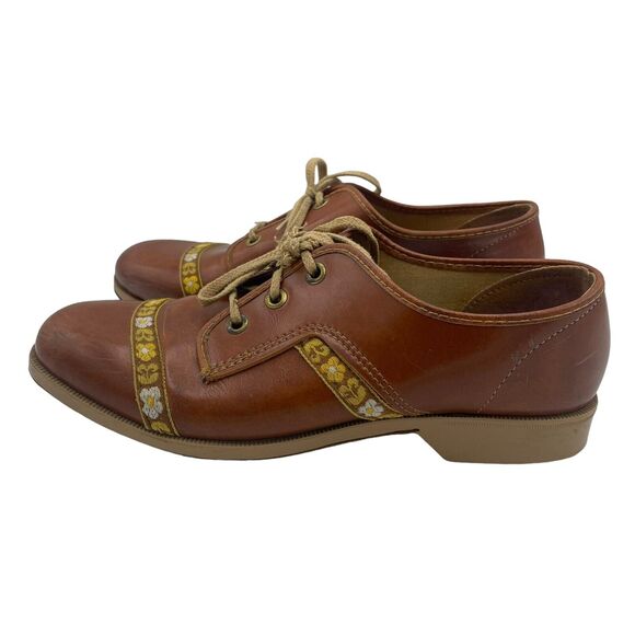 VTG Brunswick 60s 70s Bowling Oxford Shoes Brown Cognac Floral Embroider Sz 6.5 - Picture 1 of 8